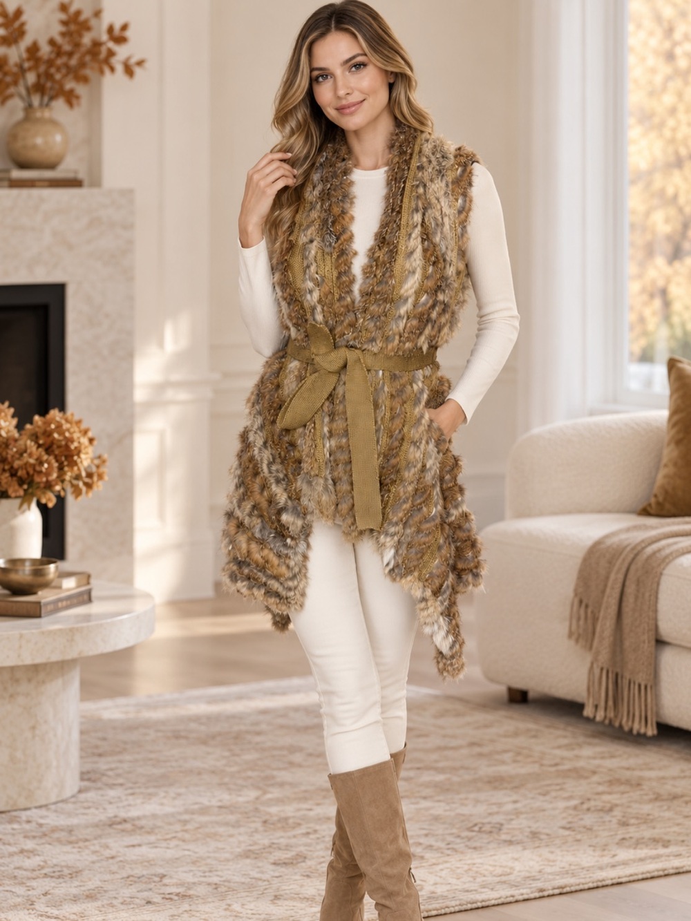 Gorgeous RUDSAK asymmetrical Open Fur Vest in Brown and Tan with Knit Tie❤️M/L